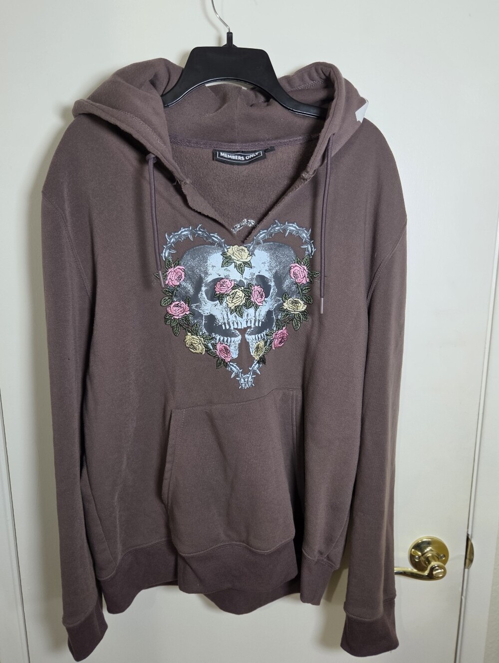 Members Only Hoodie Size L Skull Rose Floral Beige Mall Goth Y2K Streetwear